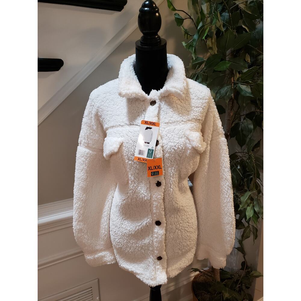 32 Degrees Heat Sherpa Jacket White Fuzzy Button Front XL/XXL Cozy Winter Warm